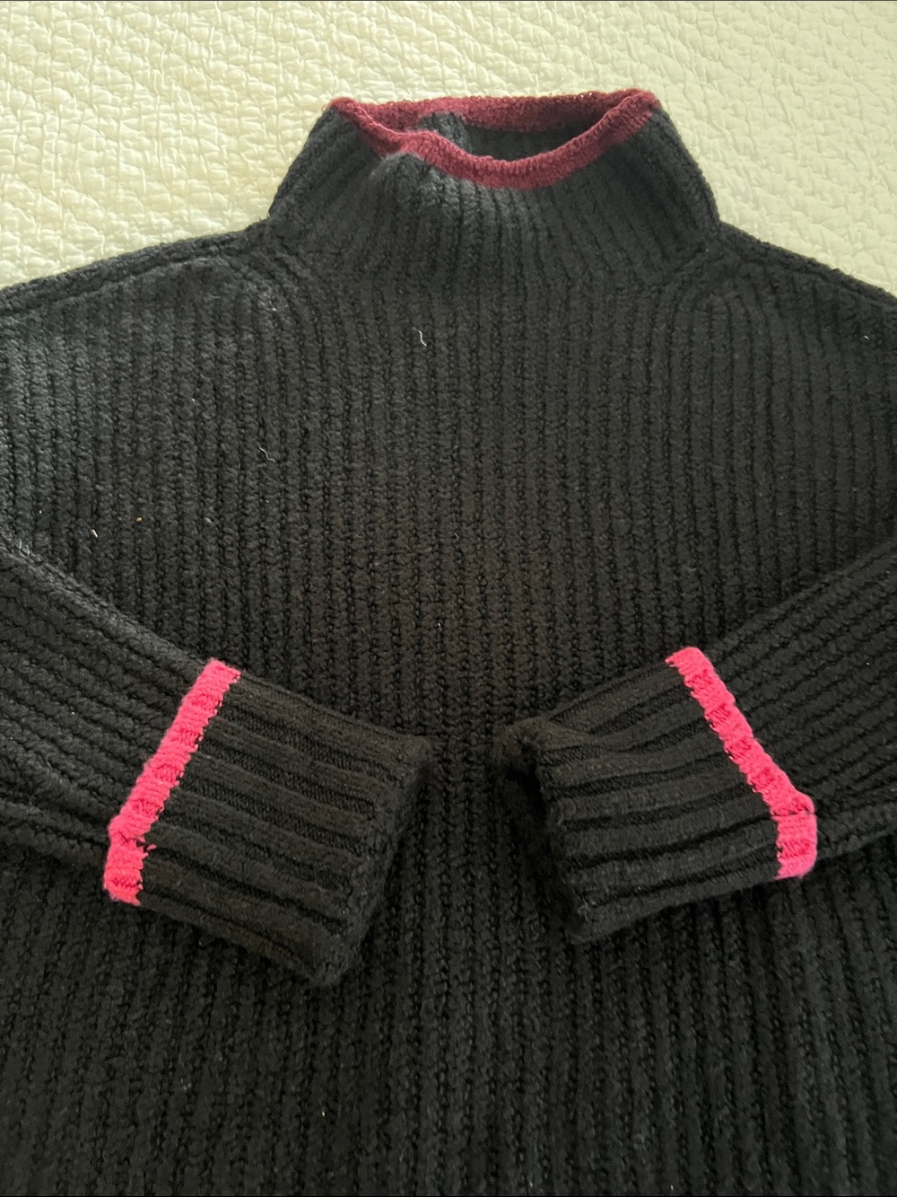 Maeve Black Ribbed Turtleneck Sweater with Pink Trim